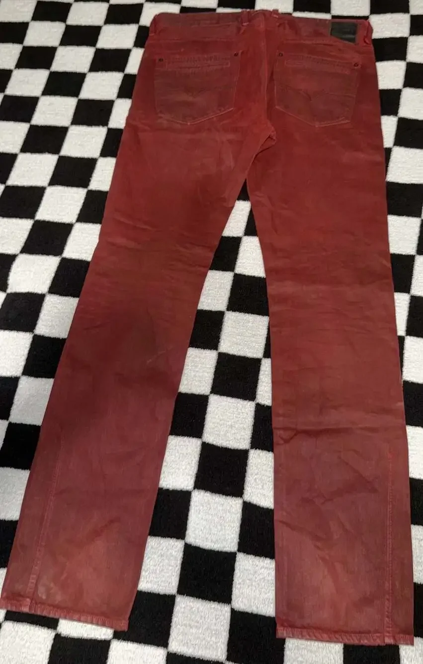 GUESS 1981 Los Angeles Red Waxed Biker Jeans